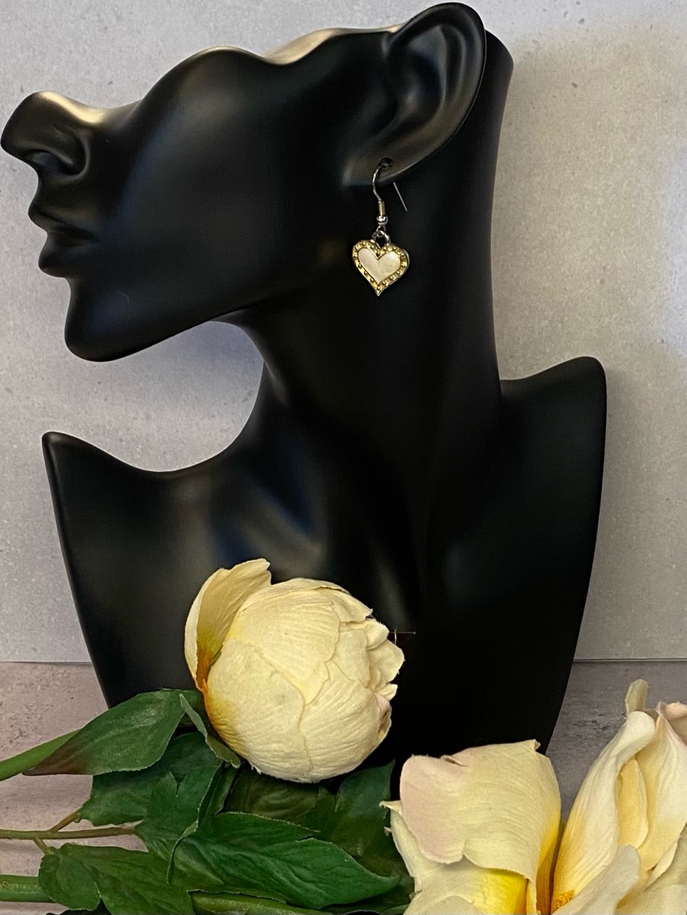 Vintage Gold-tone and Ivory Enameled Heart Dangle Earrings